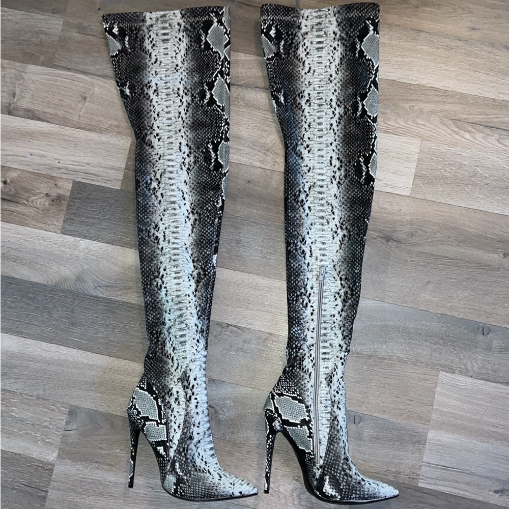 Snakeskin Thigh High Heel Boots